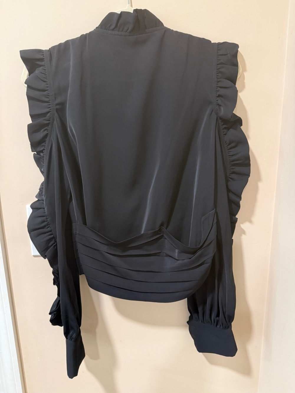 Black Ruffle-Trim Button Front Blouse - Picture 3 of 4